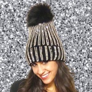 Black Rhinestone Hat, Bling Warm Winter Beanie,